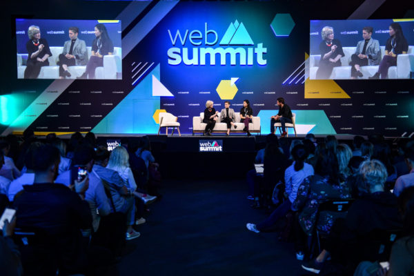 5 November 2019; Speakers, from left, Barbara Slater, Director of Sport, BBC, Meghan Klingenberg, Co-founder & President, Re-Inc, Jenny Wang, Founding Advisor/Co-Founder, Re-Inc, and Daniel Macaulay, Founder and CEO, Brandwave Marketing, on SportsTrade Stage during the opening day of Web Summit 2019 at the Altice Arena in Lisbon, Portugal. Photo by Sam Barnes/Web Summit via Sportsfile