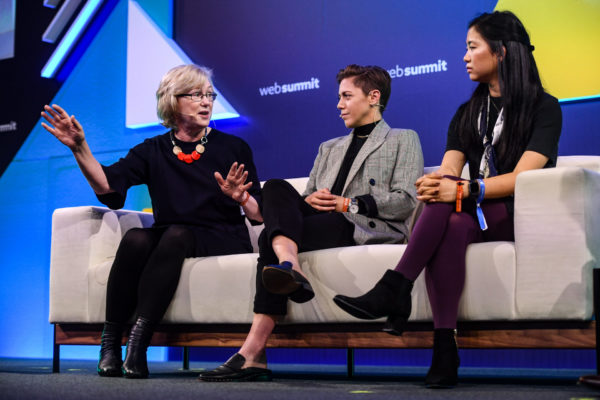 5 November 2019; Speakers, from left, Barbara Slater, Director of Sport, BBC, Meghan Klingenberg, Co-founder & President, Re-Inc, and Jenny Wang, Founding Advisor/Co-Founder, Re-Inc, on SportsTrade Stage during the opening day of Web Summit 2019 at the Altice Arena in Lisbon, Portugal. Photo by Sam Barnes/Web Summit via Sportsfile