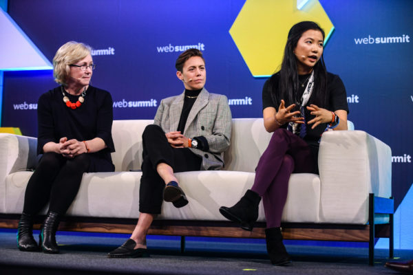 5 November 2019; Speakers, from left, Barbara Slater, Director of Sport, BBC, Meghan Klingenberg, Co-founder & President, Re-Inc, and Jenny Wang, Founding Advisor/Co-Founder, Re-Inc, on SportsTrade Stage during the opening day of Web Summit 2019 at the Altice Arena in Lisbon, Portugal. Photo by Sam Barnes/Web Summit via Sportsfile