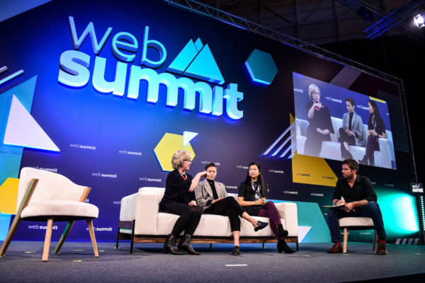 5 November 2019; Speakers, from left, Barbara Slater, Director of Sport, BBC, Meghan Klingenberg, Co-founder & President, Re-Inc, Jenny Wang, Founding Advisor/Co-Founder, Re-Inc, and Daniel Macaulay, Founder and CEO, Brandwave Marketing, on SportsTrade Stage during the opening day of Web Summit 2019 at the Altice Arena in Lisbon, Portugal. Photo by Sam Barnes/Web Summit via Sportsfile